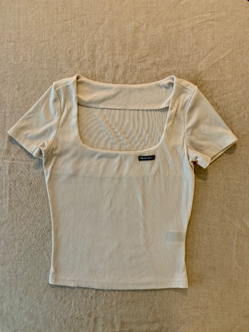 Dazy Cream Ribbed Square Neck Fitted Top Size M Short Sleeve Minimalist